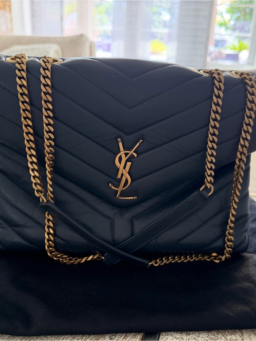 Saint Laurent deep gray Chevron Quilted Leather Shoulder Bag with Gold Hardware